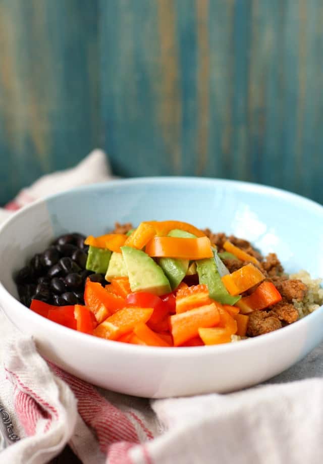 corn free quinoa taco bowl with peppers and avocado