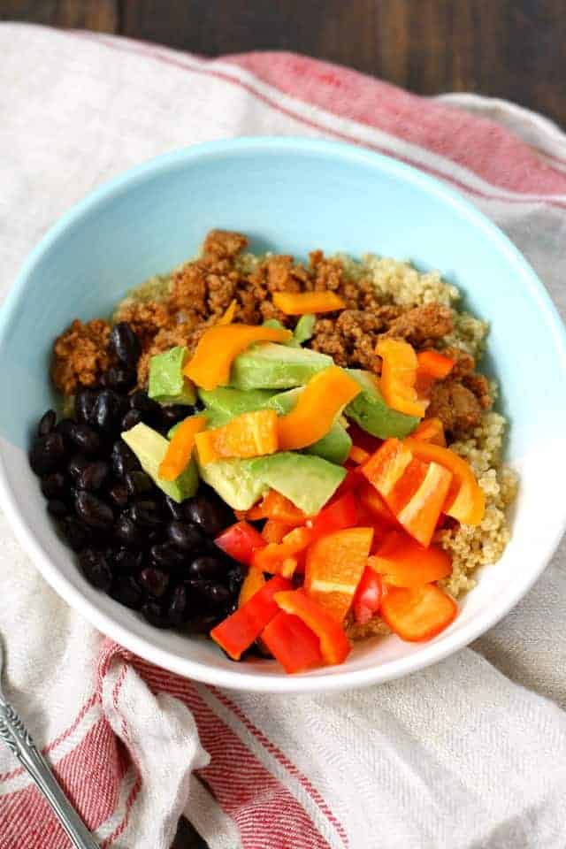 quinoa taco bowl with ground turkey and veggies