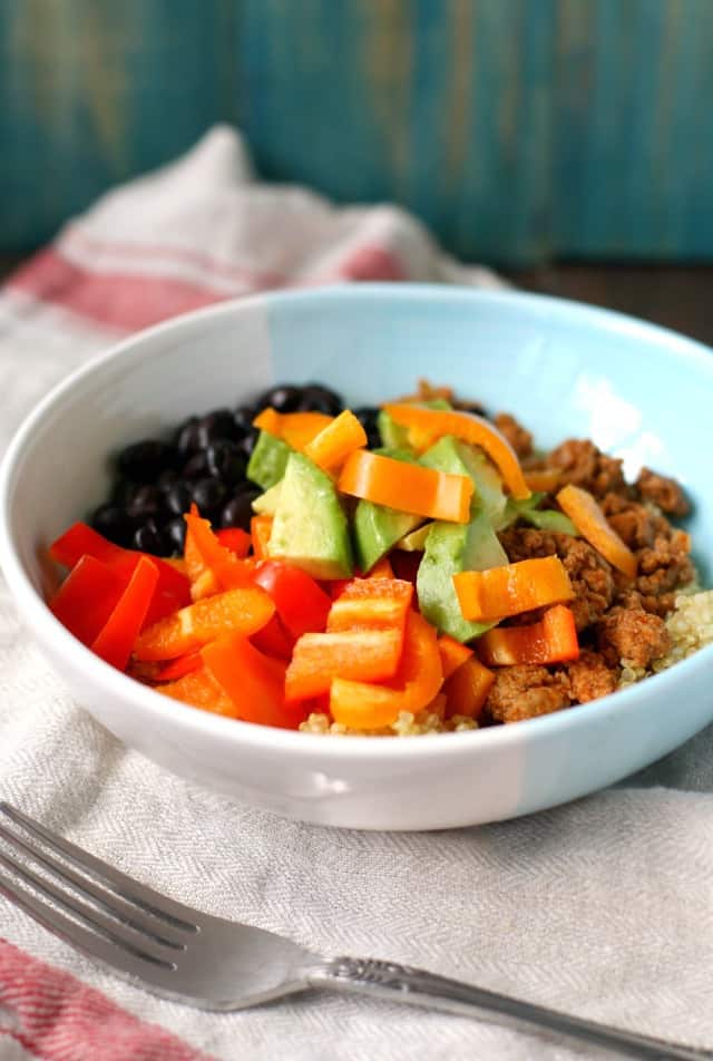 turkey quinoa taco bowl with avocado and peppers
