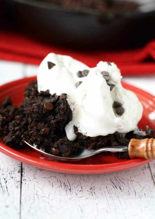 grain free double chocolate skillet brownie with coconut whipped cream