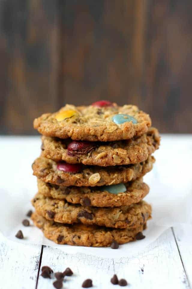stack of gluten free monster cookies
