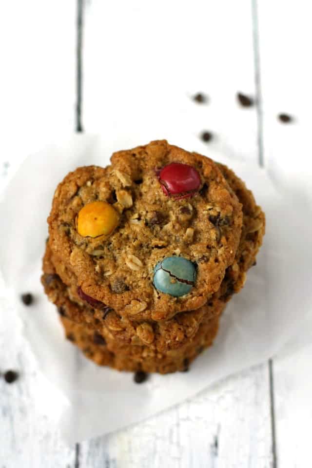 vegan monster cookies with candy and chocolate chips