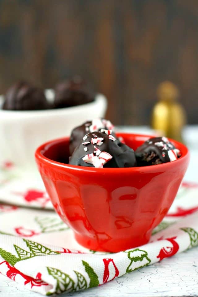double chocolate cookie balls in a small red bowl