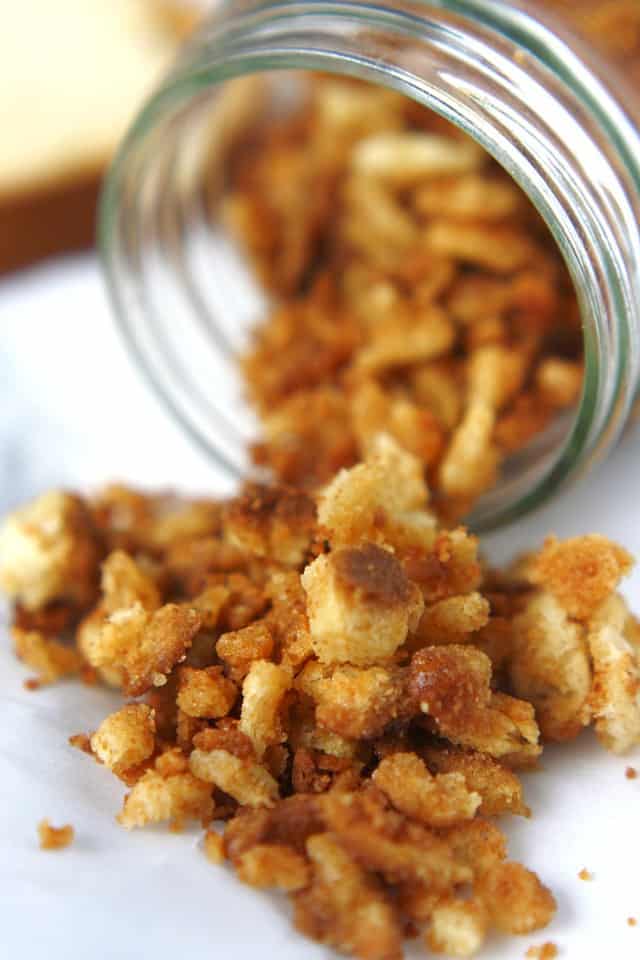 gluten free garlic bread crumbs spilling out of a jar