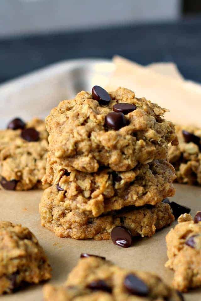 stack of pumpkin chocolate chip oatmeal cookies