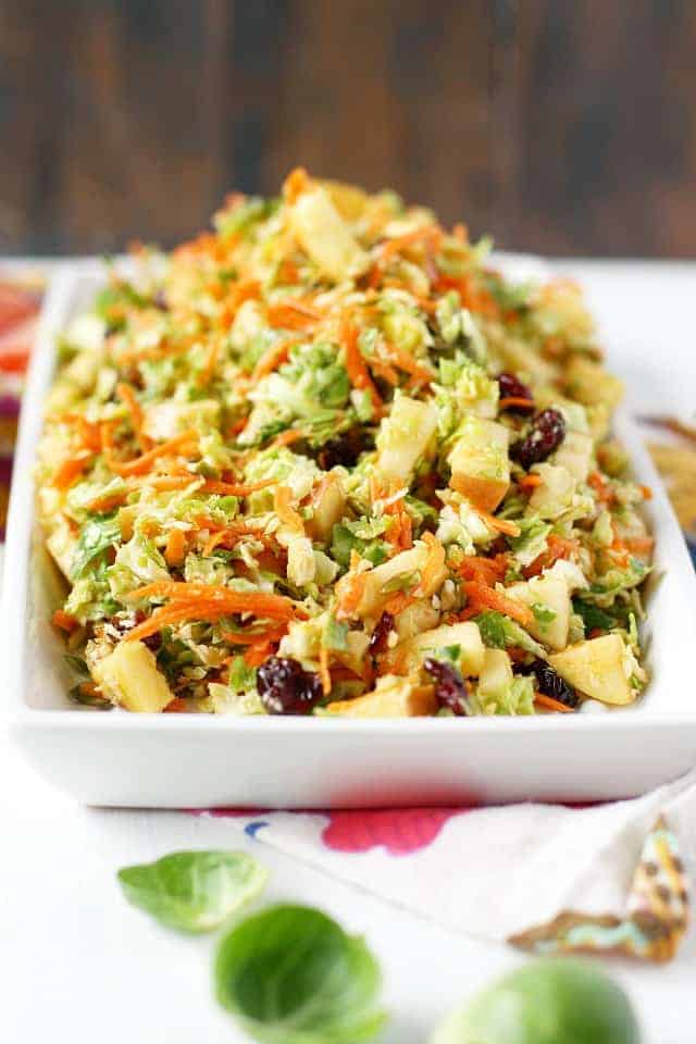 brussels sprout slaw on a white tray