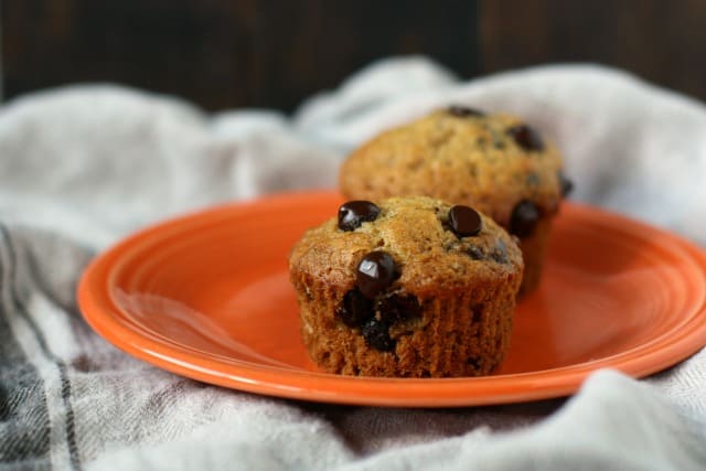 two chocolate chip muffins on a small plate