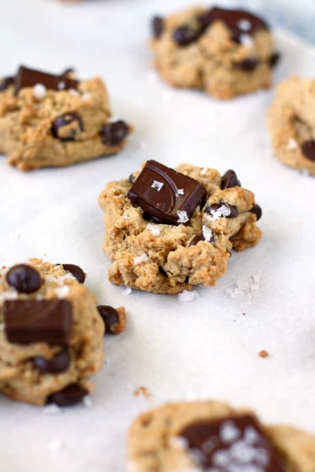 baked chocolate chunk cookies on a cookie sheet