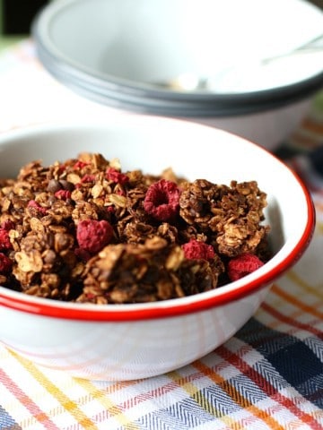 chocolate raspberry granola in bowl