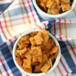nut free chex mix in white bowls