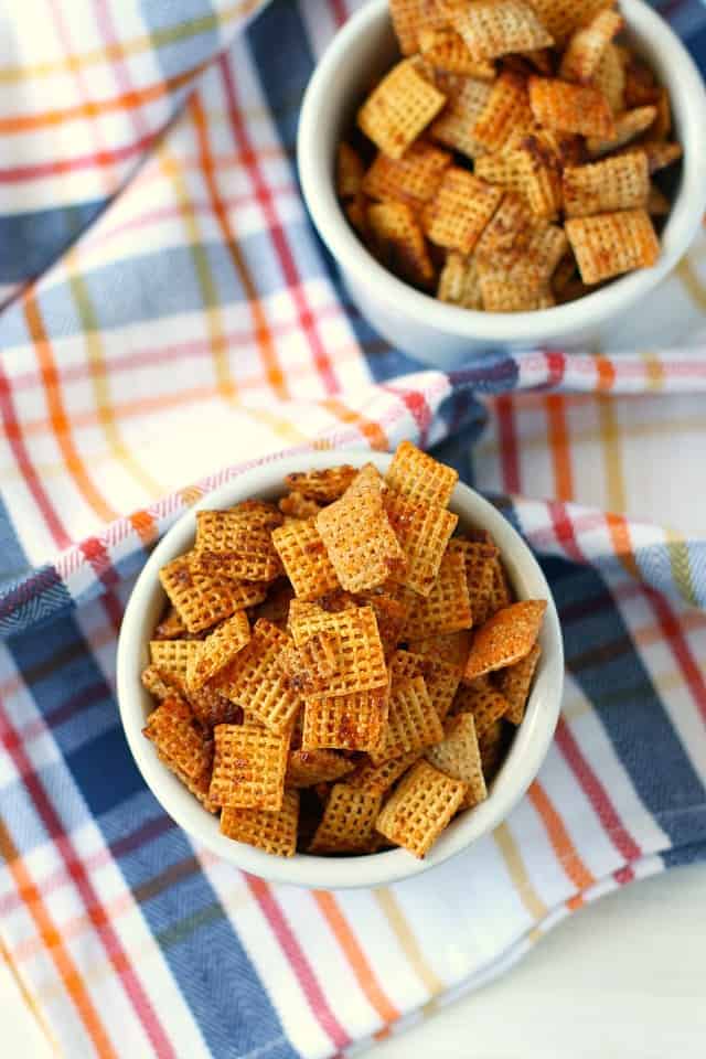 nut free chex mix in white bowls