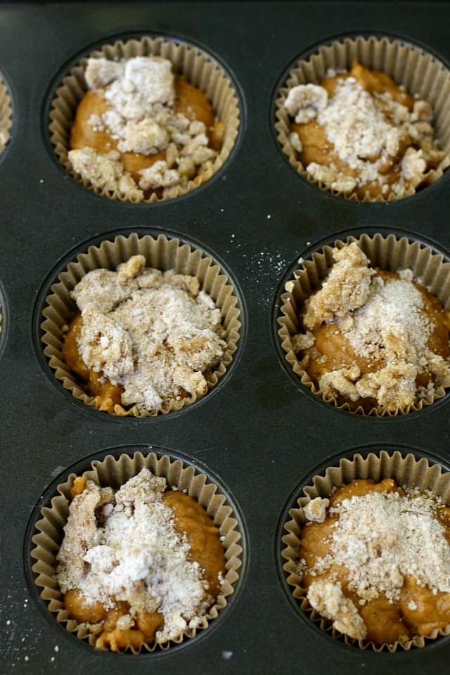 vegan pumpkin muffins with streusel in a pan