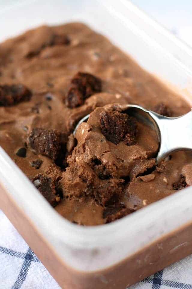 double chocolate brownie ice cream being scooped