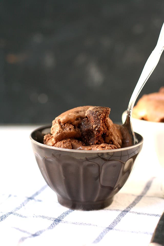 scoop of brownie ice cream in a brown bowl
