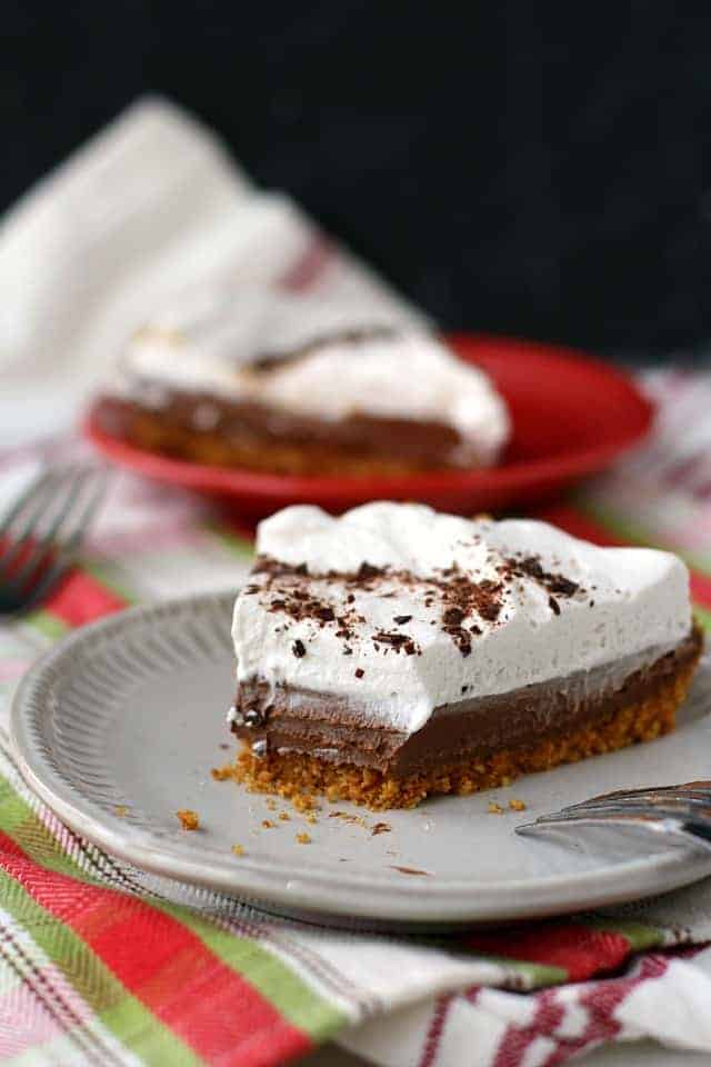 slice of vegan french silk pie on a plate with a fork