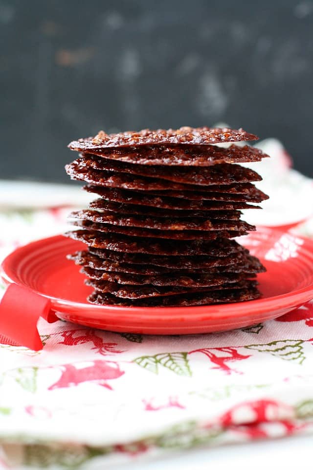 stack of lace cookies on a plate