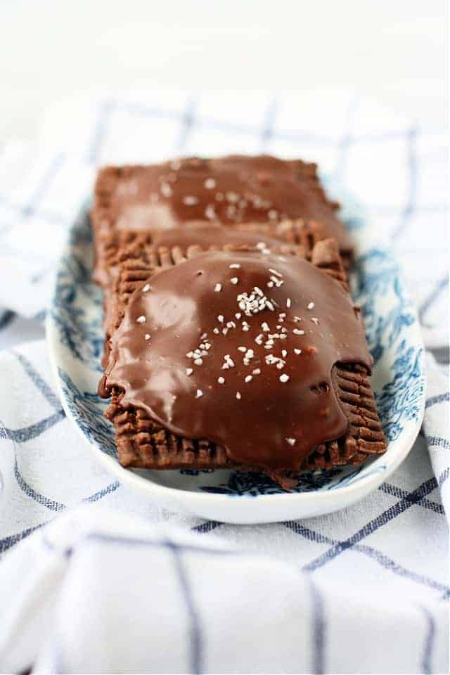 gluten free vegan chocolate pop tarts on a ceramic tray