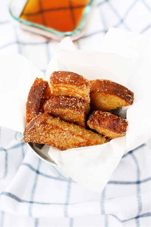 cinnamon french toast sticks in a pail