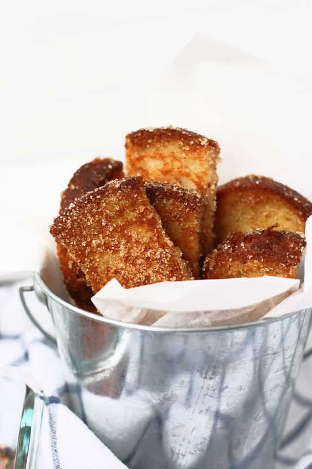 gluten free french toast sticks in a metal pail
