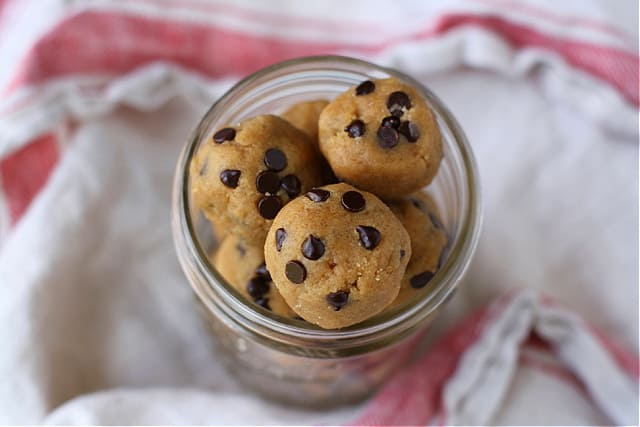 vegan chocolate chip cookie dough balls in a mason jar
