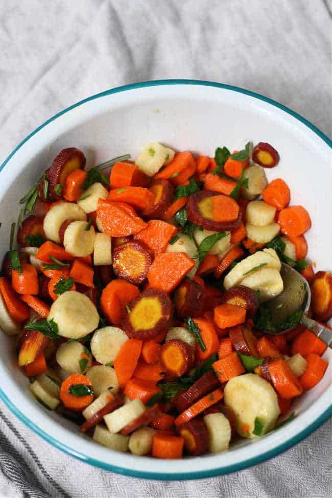 sliced rainbow carrots in a bowl