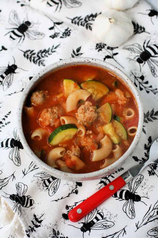 bowl of gluten free meatball soup with pasta