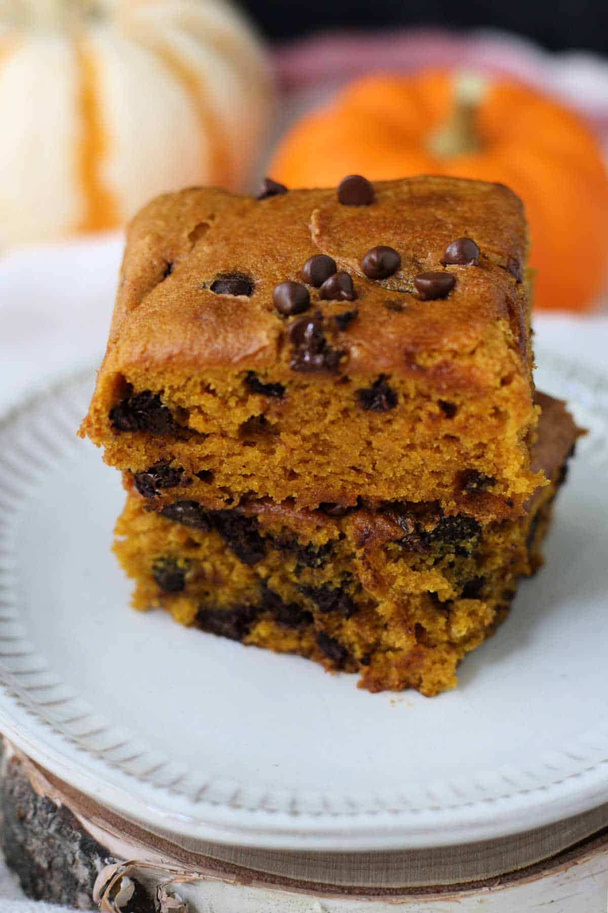 two chocolate chip pumpkin bars on a plate