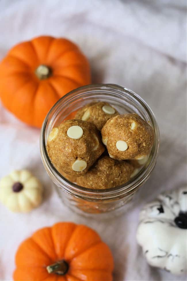 gluten free pumpkin cookie dough bites in a glass jar