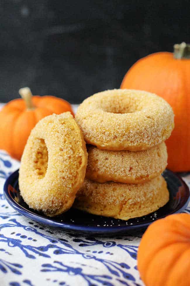 vegan pumpkin donuts with sugar on a blue plate