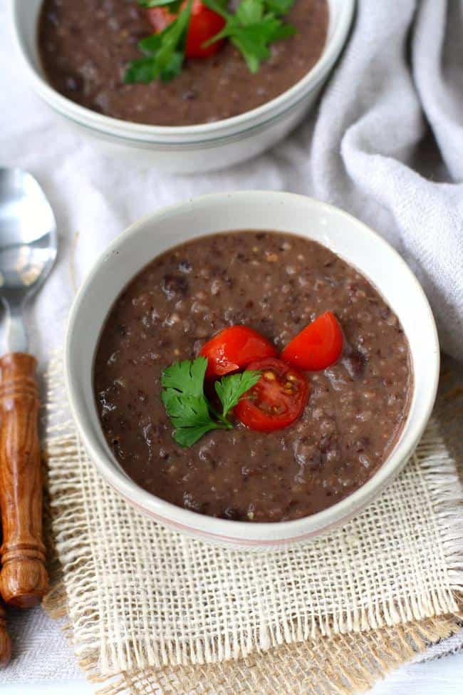 three ingredient black bean soup in bowls
