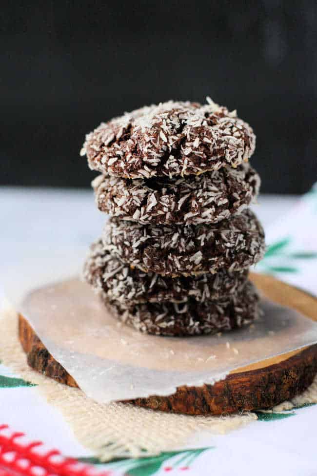 stack of gluten free vegan coconut chocolate cookies