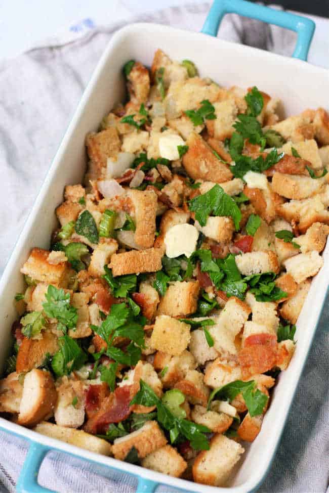 dairy free stuffing with herbs in a baking dish