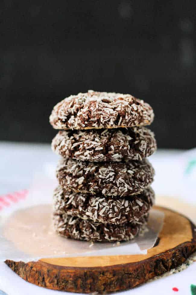 stack of chocolate coconut cookies