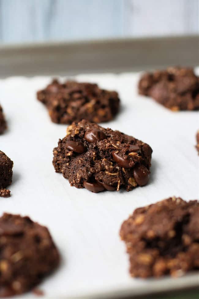 double chocolate oat cookies on a baking sheet