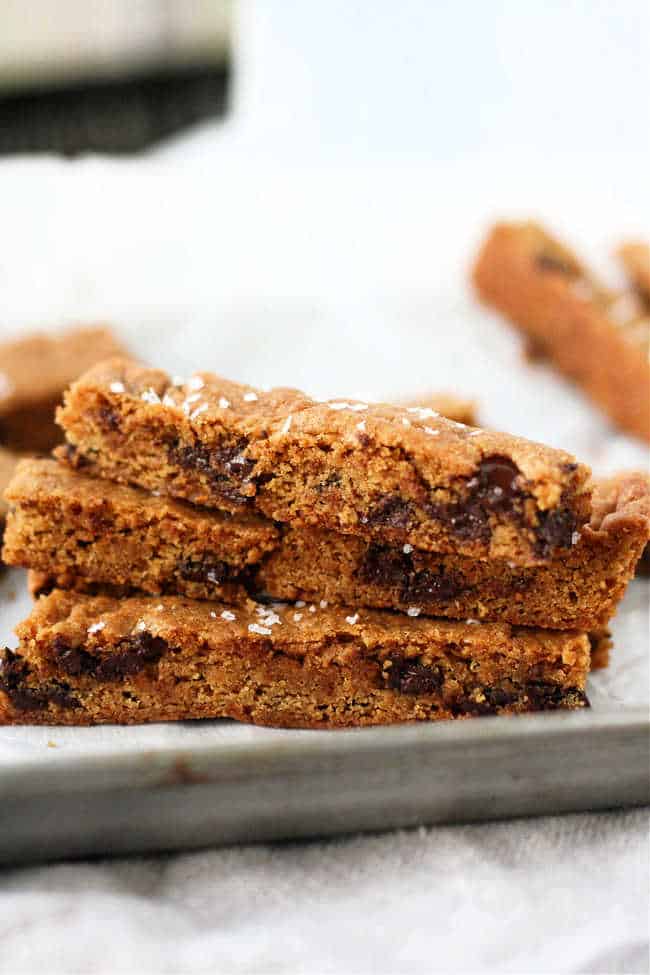 gluten free salted chocolate chip cookie sticks on a tray