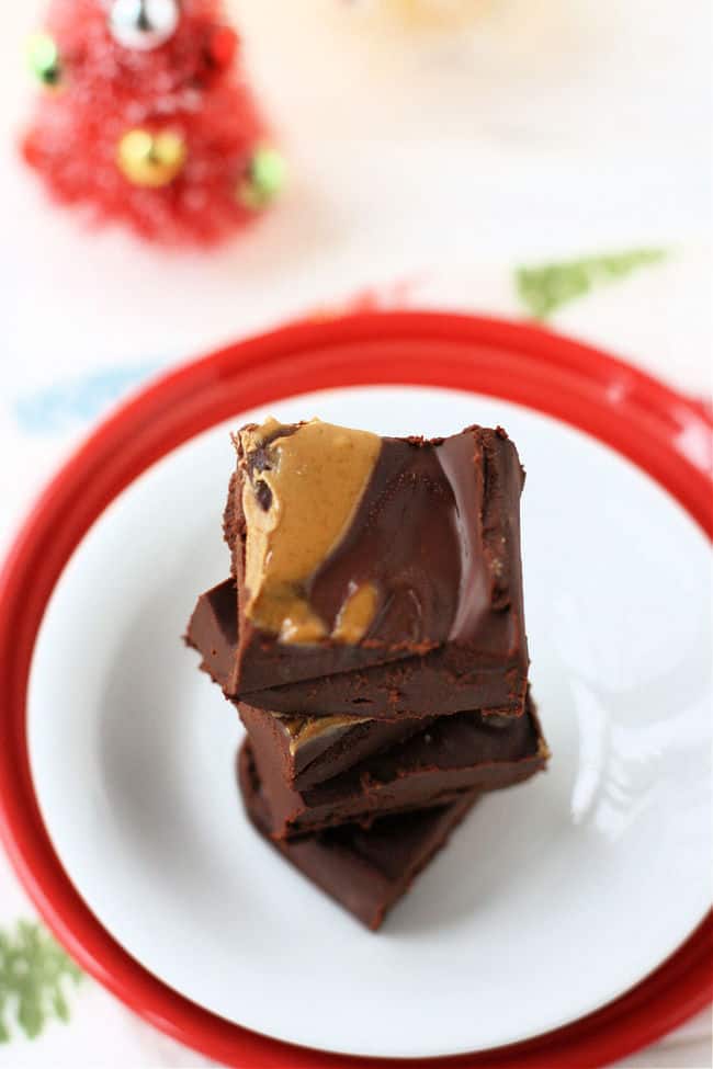 chocolate sunbutter fudge white and red plates