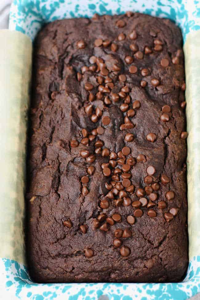 baked chocolate pumpkin bread in a loaf pan