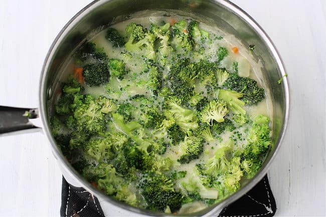 soup pot with broccoli, carrots, and broth