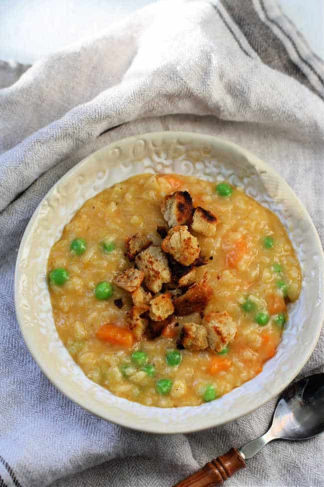 dairy free sweet potato risotto in a white bowl