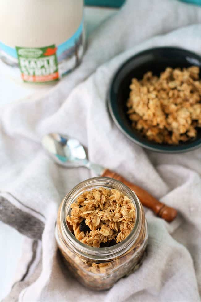 dairy free maple granola in a glass jar