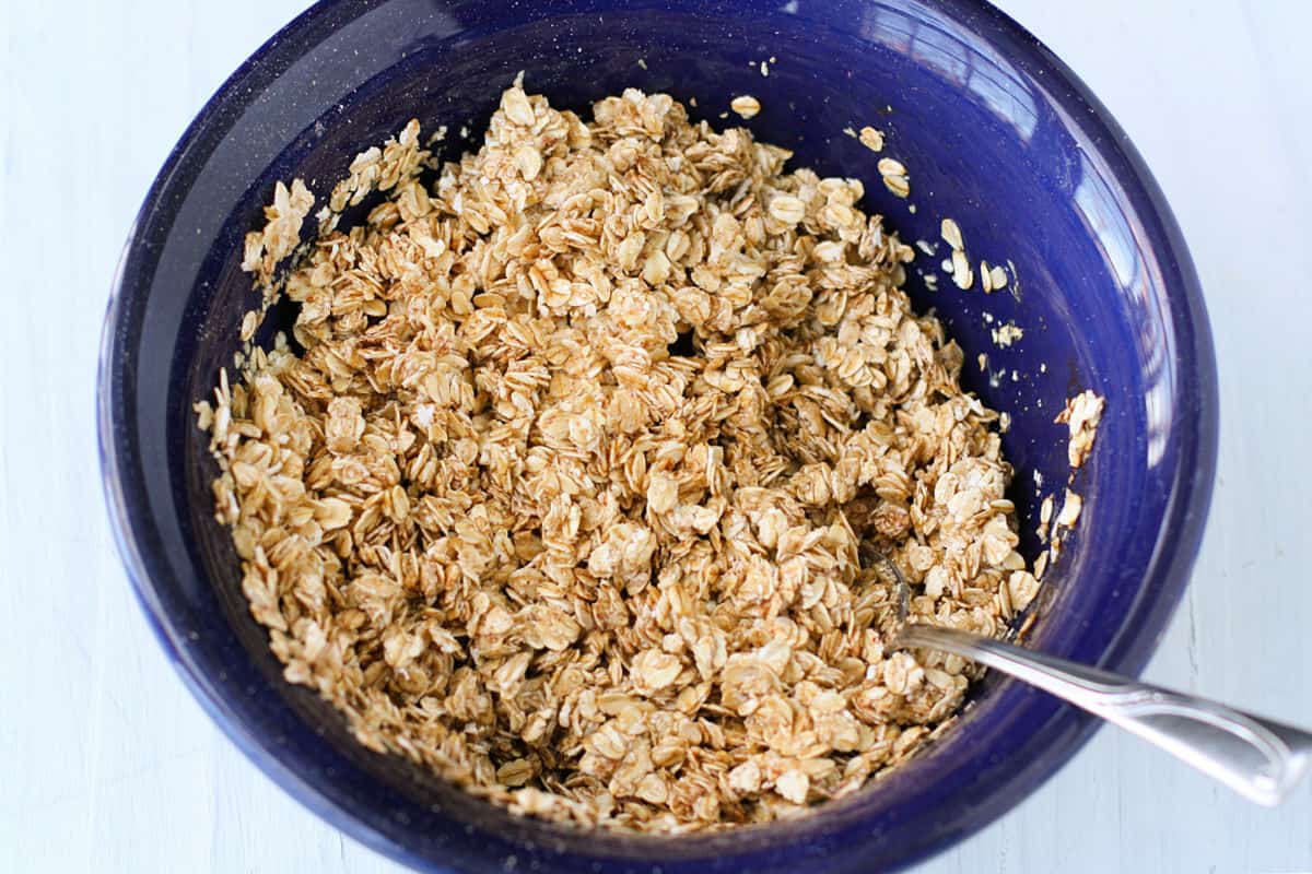 granola mixed together in a blue bowl