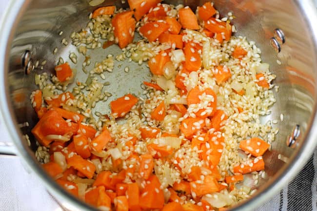 arborio rice and sweet potatoes in a pot