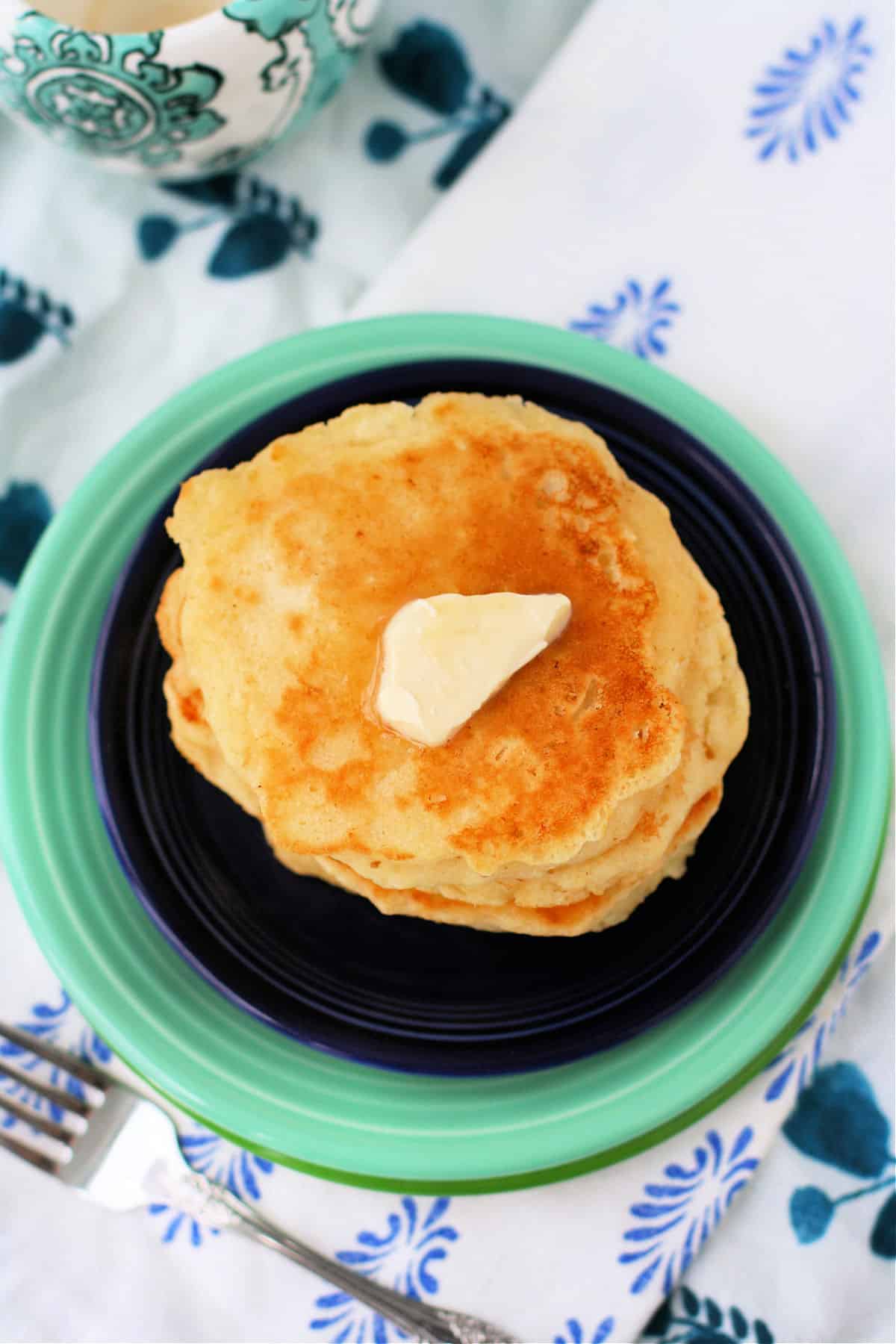 vegan pancakes on a blue plate