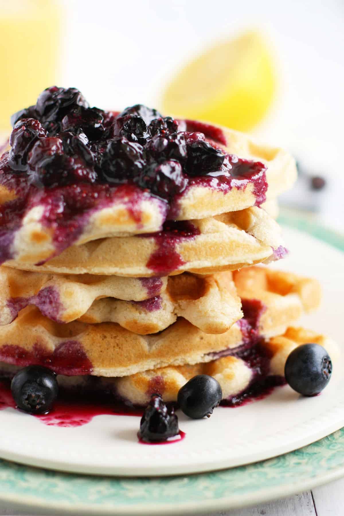 fluffy vegan waffles with blueberries