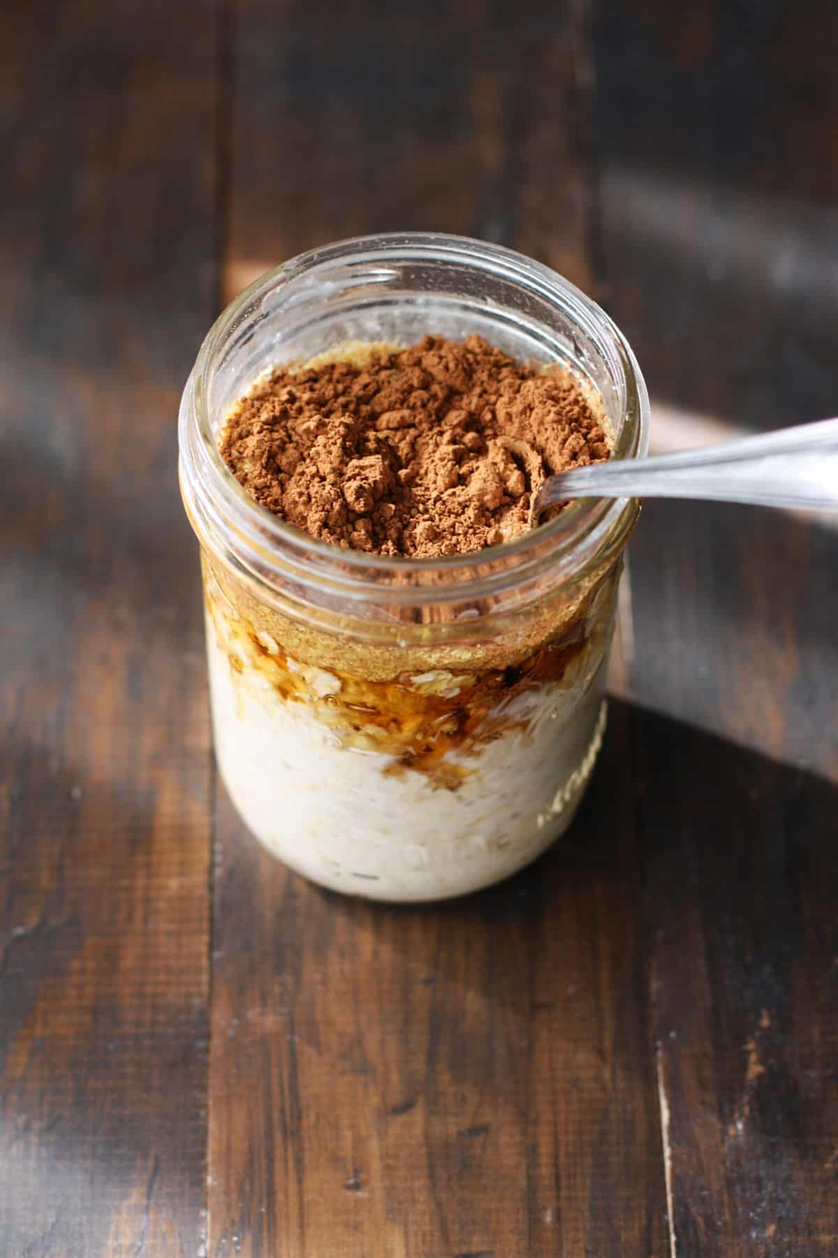 overnight oats with cocoa powder and maple syrup