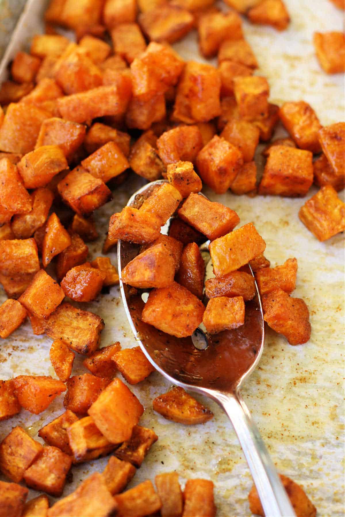 simple roasted sweet potatoes on a baking sheet