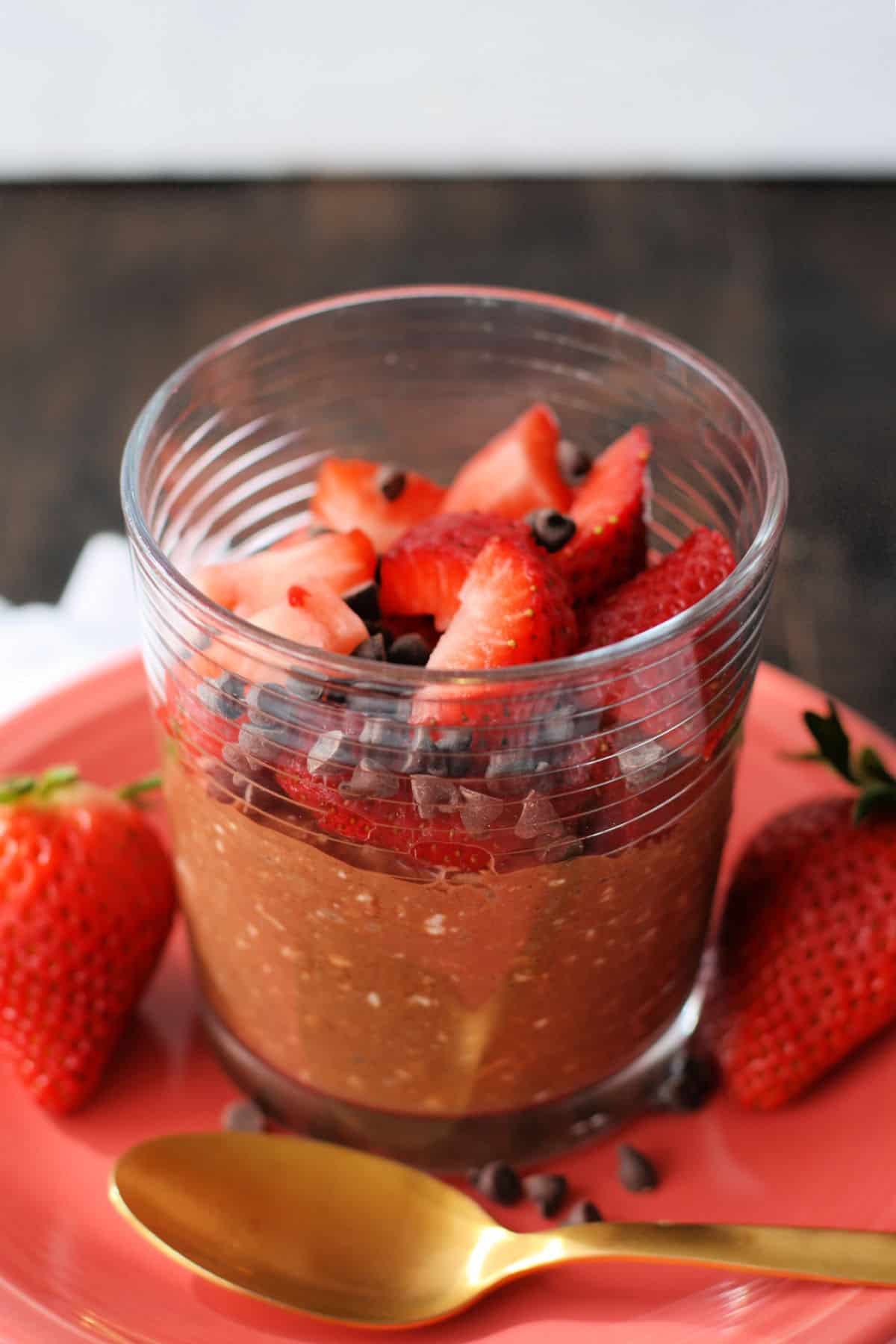 strawberry chocolate overnight oatmeal in a jar