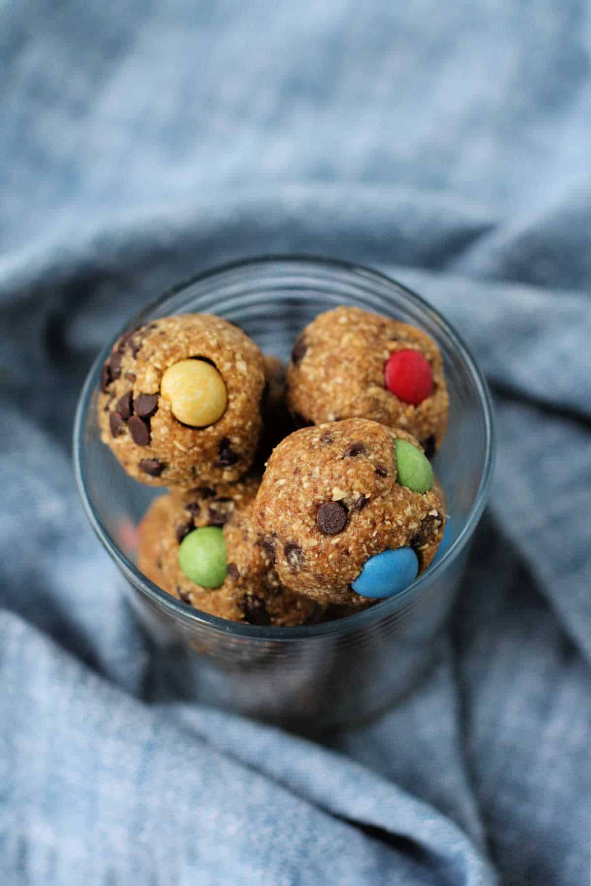 gluten free monster cookie dough bites in a glass jar