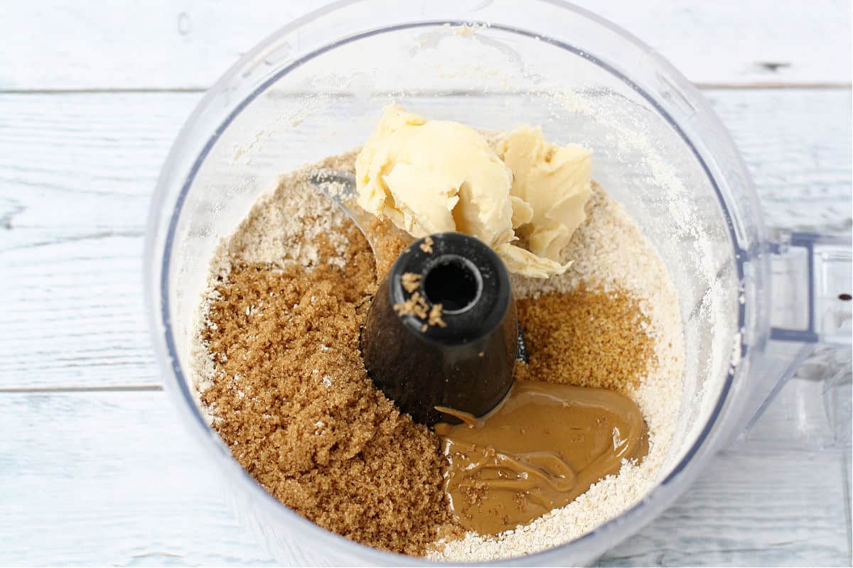 ingredients for cookie dough bites in a food processor