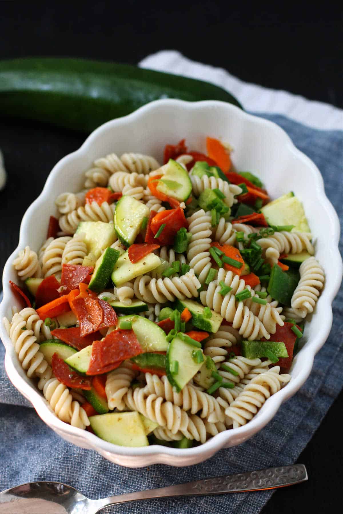 pepperoni pasta salad in a white bowl